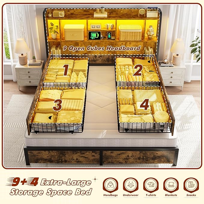 Full Size Bed Frame with Storage Headboard & 4 Large Drawers Bed Frame Full Size with 51" Tall Headboard 9 Compartments Led Lights & Charging Station,No Box Spring Needed, No Noise,Vintage Brown