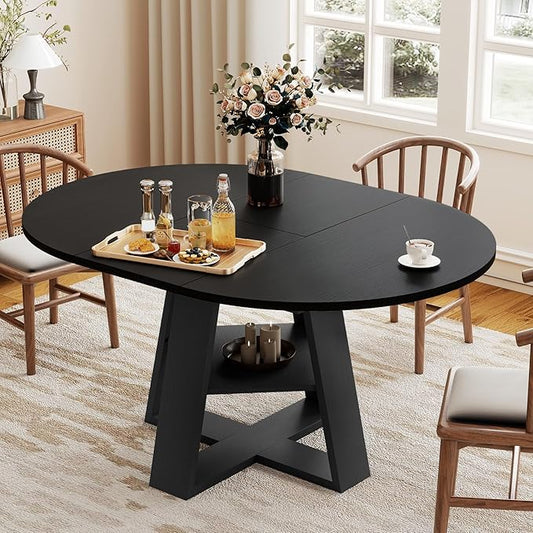 Aivermel 43.3‑59 in Extendable Oval Dining Table for 4‑6, Engineered Wood Round Dining Table with Hidden Extension Storage &Bottom Shelf, Space‑Saving Modern Kitchen Living Room Tables (Vintage Black)