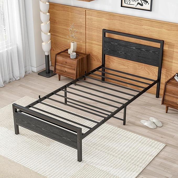 BOFENG Twin Bed Frame with Wood Headboard,Metal Single Platform Bed Frame Twin Size No Box Spring Needed,Heavy Duty Metal Slats Support,Noise Free,Single Bed Base,Easy Assembly,Black