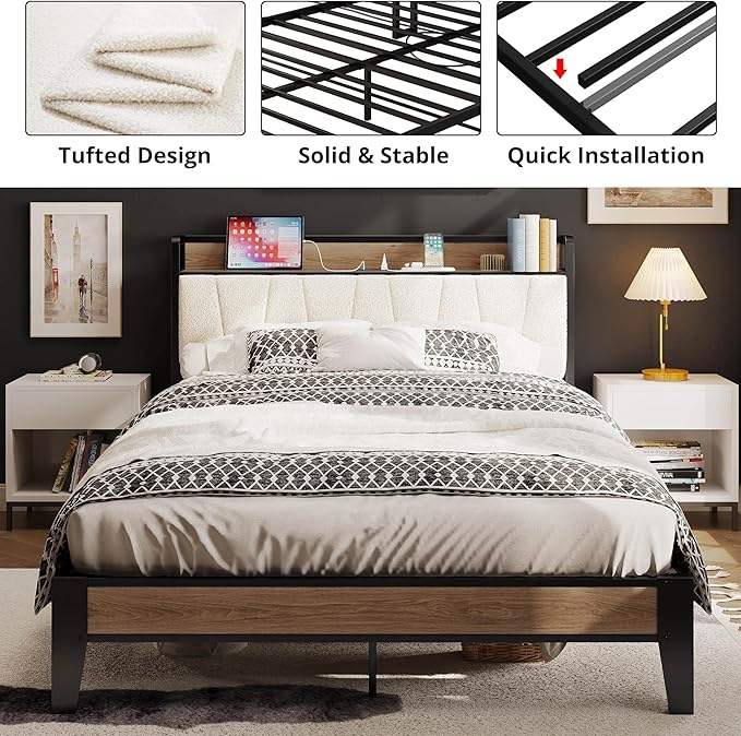 LIKIMIO Full XL Bed Frames, Storage Headboard with Charging Station, Solid and Stable, Noise Free, No Box Spring Needed, Easy Assembly, Wood and Cream