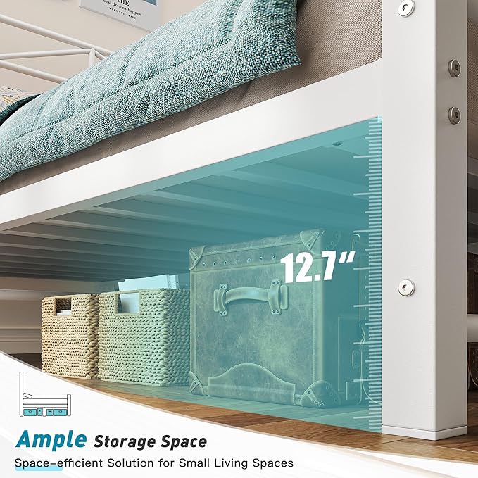 EnHomee Queen Size Metal Platform Bed Frame, 54" Tall Headboard and LED Lights, Victorian Vintage Headboard and Footboard, Under Bed Storage, Heavy Duty Metal Slats & Noise Free, White