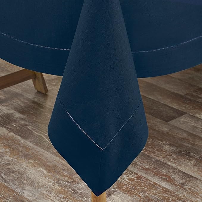 D'Moksha Homes Navy Blue Linen Tablecloth for Rectangle Tables 60 x 84 Inch - Classic Hemstitch 100% Pure Linen Navy Table Cloth - Machine Washable Dining Tablecloth for Christmas