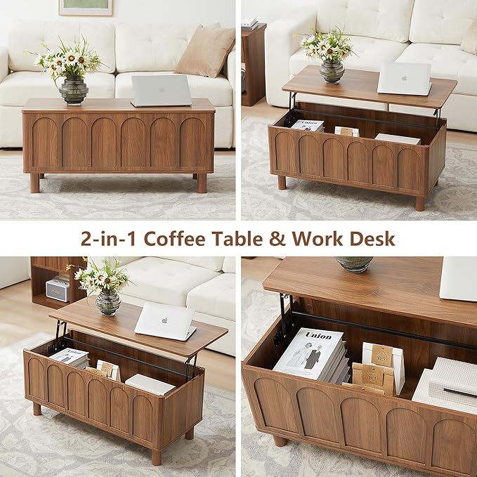 Lift Top Coffee Table with Arched Finish, Modern Coffee Table with Lifting Tabletop & Hidden Storage, Wood Center Table for Living Room,Convenient for Dining, Gaming or Working (Walnut)
