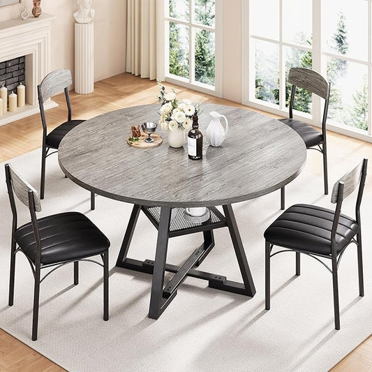 51” Round Dining Table Set for 6, Kitchen Table and Chairs for 4, Circle Table Round Pedestal Dining Room Dinner Dinette Table Set,5 Piece Space Saving Wood Kitchen & Dining Room Tables (Grey, 51In)