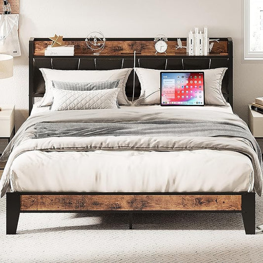 LIKIMIO Queen Bed Frame, Storage Headboard with Charging Station, Solid and Stable, Noise Free, No Box Spring Needed, Easy Assembly (Vintage and Black)