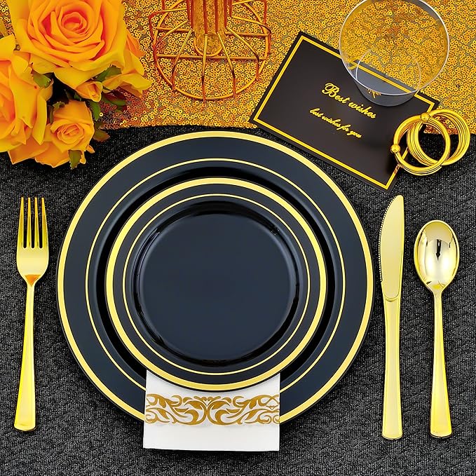 350 PCS Black and Gold Dinnerware Set for 50 Guests, Black Christmas Disposable Plates with Gold Rim for Party -50 Dinner Plates, Dessert Plates, Silverware Set,Napkins and Cups