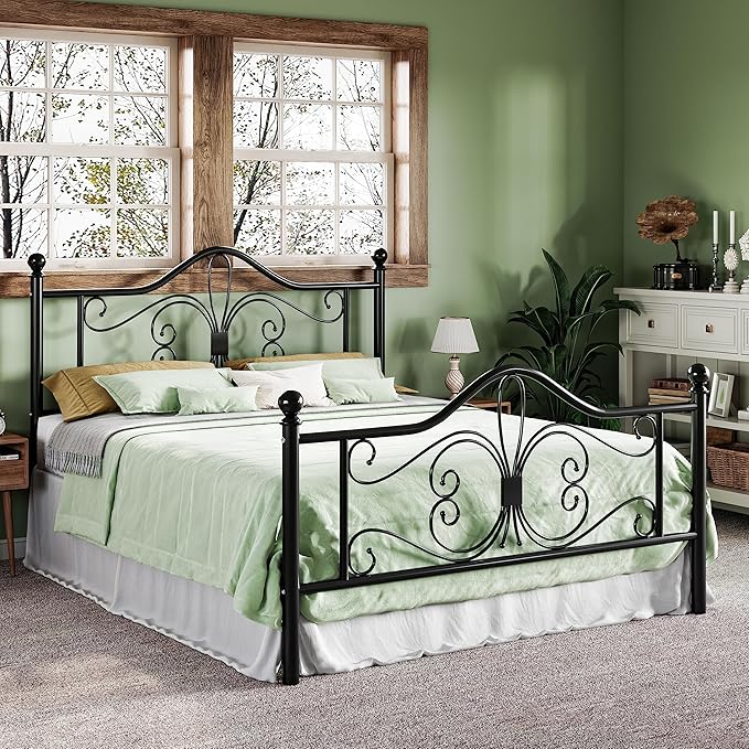 Allewie Full Size Bed Frame with Headboard,Metal Bed Frame with Butterfly Pattern Design Headboard & Footboard,No Box Spring Needed,Easy Assembly,Black