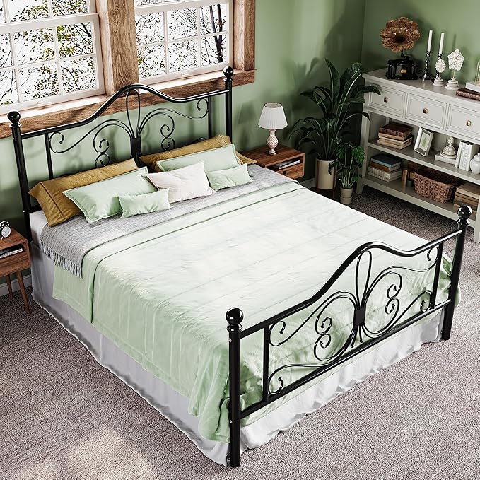 Allewie Full Size Bed Frame with Headboard,Metal Bed Frame with Butterfly Pattern Design Headboard & Footboard,No Box Spring Needed,Easy Assembly,Black