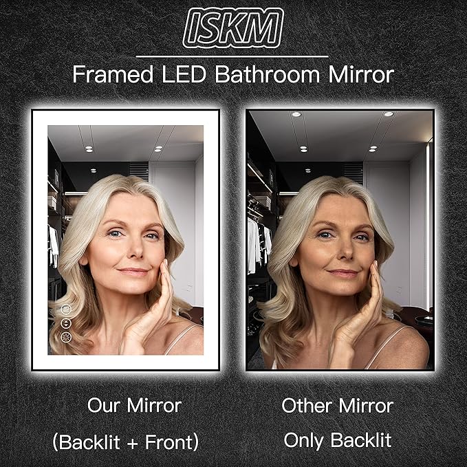 ISKM Framed LED Mirror for Bathroom 60"x38", Dimmable LED Bathroom Mirror with Lights, Anti-Fog, Front and Backlit Lighted Mirror 3-Colors, Shatterproof, Memory Function
