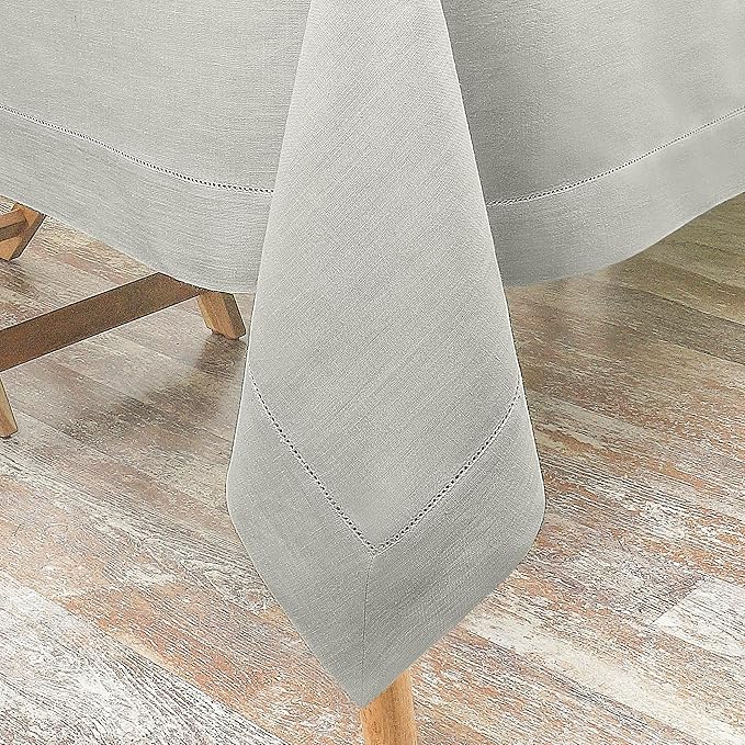 D'Moksha Homes Silver Grey Linen Tablecloth 60 x 120 Inch - 100% Pure Linen Hemstitch Tablecloth for Rectangle Tables - Classic Hemstitch, Machine Washable Table Cloth for Christmas
